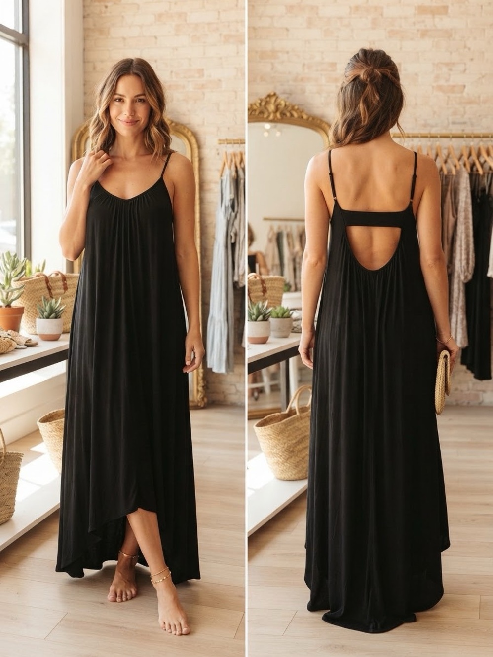 Black High-Low Spaghetti Strap Maxi Dress with Keyhole Back